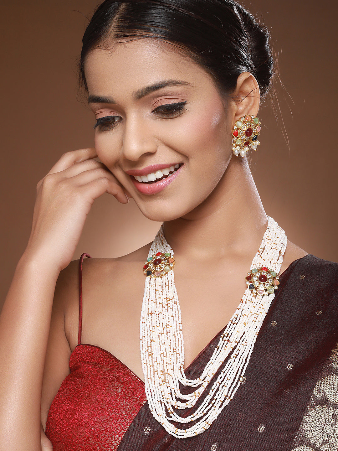 Nav Ratan Kundan Studded Pearl Beaded Haram Layered Royal Jewellery Set